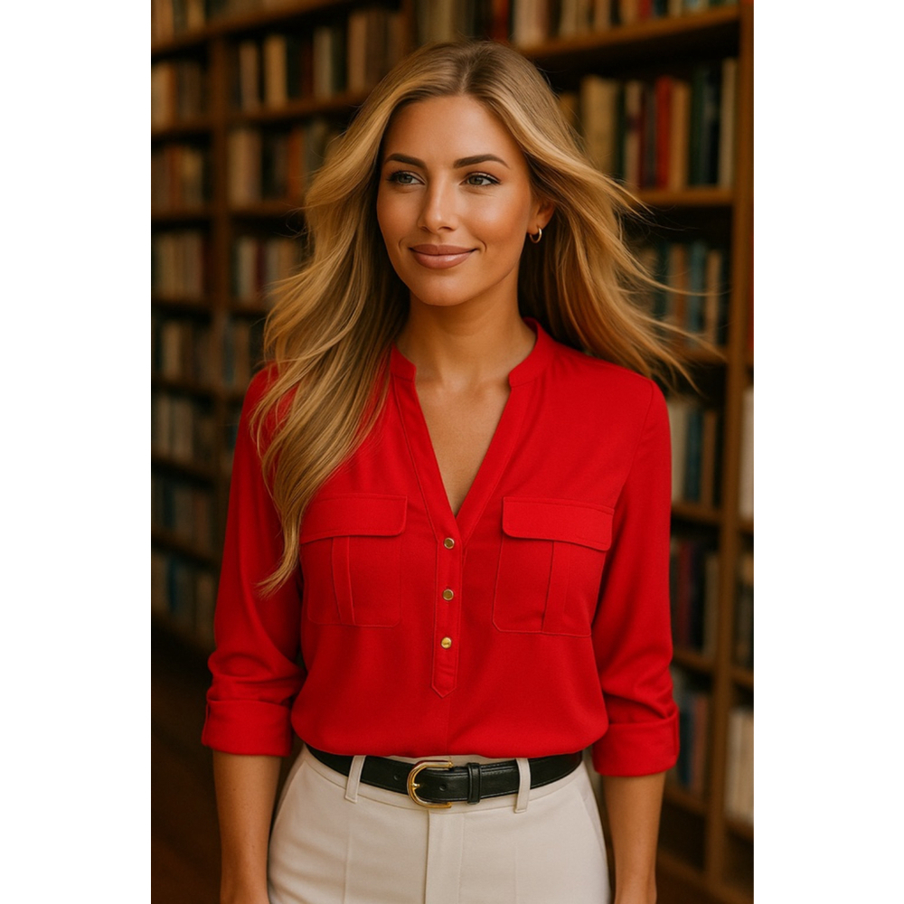 Ivanka Trump Roll Tab Sleeve Bright Red‎ Blouse Valentines Luxury Parisian M